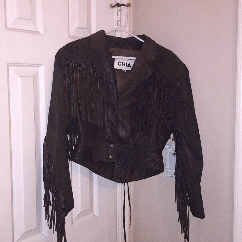Faux leather fringe jacket
